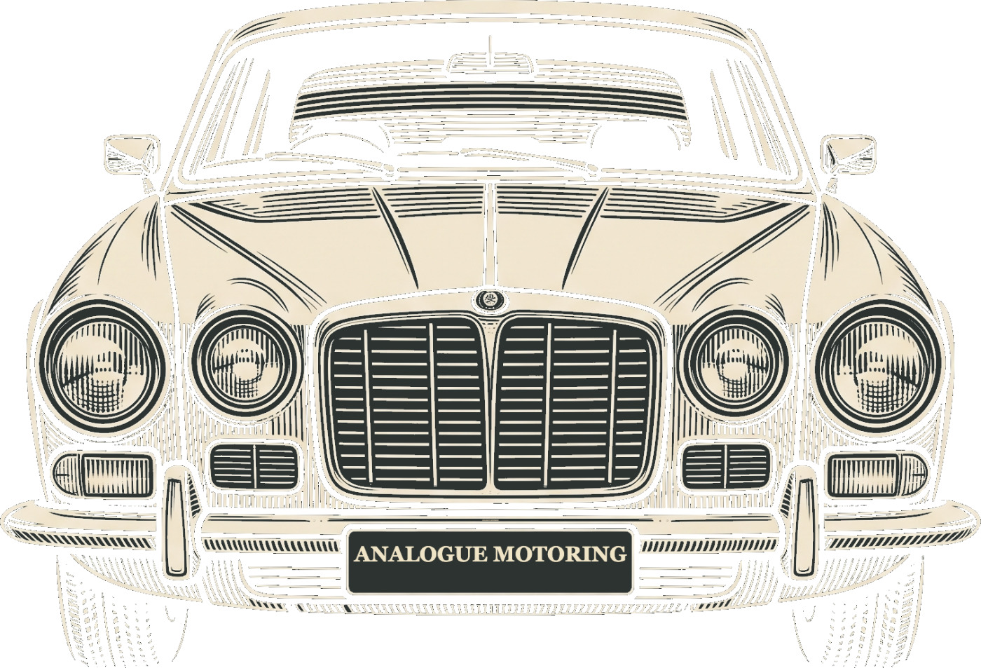 Classic Jaguar saloon, engraved front elevation, Analogue Motoring on the number plate
